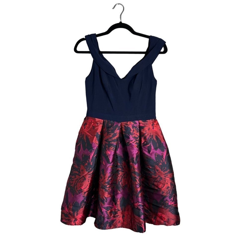 NWT Morgan & Co Off Shoulder Party Dress‎ w/ Pockets Navy Wine Floral 5 / 6